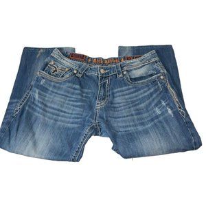 Rock Revival Mens Troy Jeans Relaxed Straight Sz 38 Hem Inseam 27” Distress FLAW